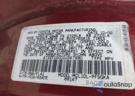 2001 Toyota Sienna Xle z USA, uszkodzony, nr VIN 4T3ZF13C01U347990